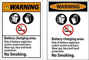 Warning Sign Battery Charging Area, Risk of Battery Explosion or Severe Acid Burn, No Smoking vector