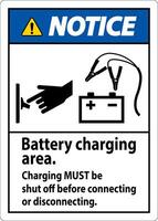 Notice First Sign Battery Charging Area, Charging Must Be Shut Off Before Connecting or Disconnecting. vector