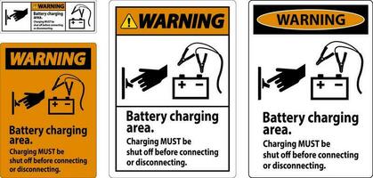 Warning First Sign Battery Charging Area, Charging Must Be Shut Off Before Connecting or Disconnecting. vector