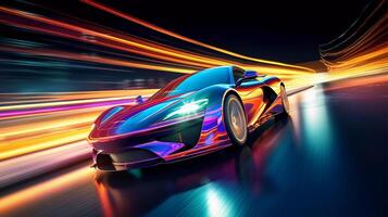 Futuristic Sports Car on Neon Highway, Accelerating, Night Racer, Flashing Forward, Luminary Leap photo