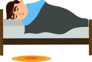 Man cartoon character sleeping on bed. vector