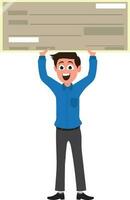 Character of happy businessman with cheque. vector