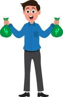 Young businessman holding green money bags. vector