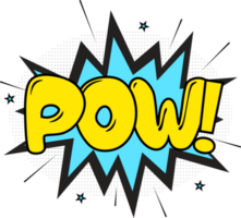 Pow, comic explosion with yellow and blue colors. Text bubbles for cartoon speeches. Comic blast with smash effects and stars. png