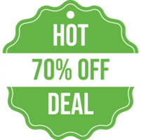 Hot deal badge with green color and seventy percent discount text. Big sale special offer and super sale badge. png