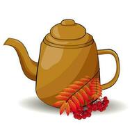 Brown teapot in cartoon style with a branch and rowan fruits vector