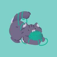 vector illustration of a cute gray kitten playing with a ball of yarn