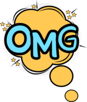 OMG, comic blast with orange and blue colors. Cloud explosion bubbles. Comic burst with colorful cloud effects and stars. png