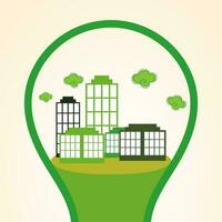 Green city in light bulb for Ecology concept. vector