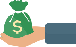 Business money transfer. Money on hand concept design. Bag of money on hand illustration. Buying anything flat design. png