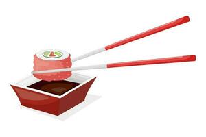 Vector flat cartoon illustration of sushi and sauce bowl.