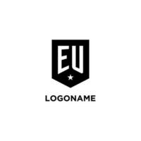 EU monogram initial logo with geometric shield and star icon design style vector