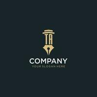 TA monogram initial logo with fountain pen and pillar style vector