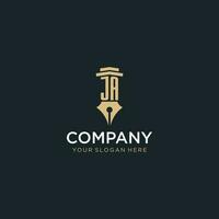 JA monogram initial logo with fountain pen and pillar style vector