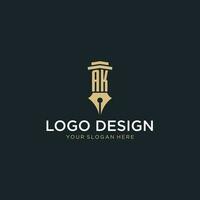 AK monogram initial logo with fountain pen and pillar style vector