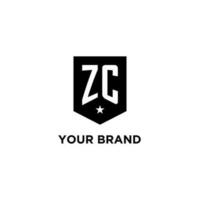 ZC monogram initial logo with geometric shield and star icon design style vector