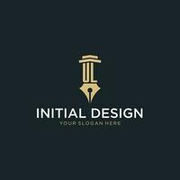 UL monogram initial logo with fountain pen and pillar style vector