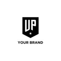 UP monogram initial logo with geometric shield and star icon design style vector