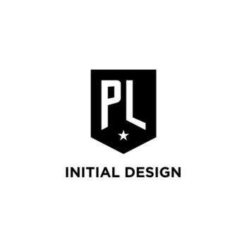 PL monogram initial logo with geometric shield and star icon design style vector