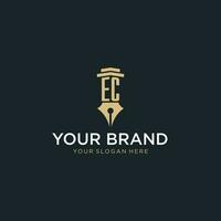 EC monogram initial logo with fountain pen and pillar style vector