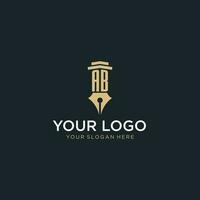 AB monogram initial logo with fountain pen and pillar style vector