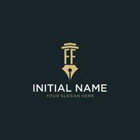 FF monogram initial logo with fountain pen and pillar style vector