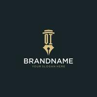 QI monogram initial logo with fountain pen and pillar style vector