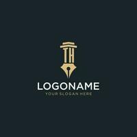 TH monogram initial logo with fountain pen and pillar style vector