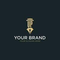 VP monogram initial logo with fountain pen and pillar style vector