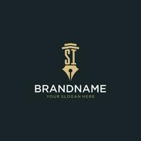 SI monogram initial logo with fountain pen and pillar style vector