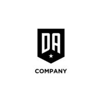 DA monogram initial logo with geometric shield and star icon design style vector