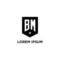 BM monogram initial logo with geometric shield and star icon design style vector