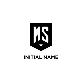 MS monogram initial logo with geometric shield and star icon design style vector