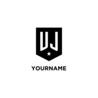 UJ monogram initial logo with geometric shield and star icon design style vector