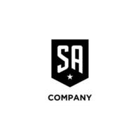 SA monogram initial logo with geometric shield and star icon design style vector