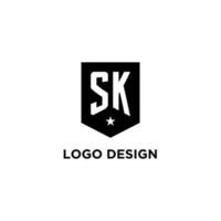 SK monogram initial logo with geometric shield and star icon design style vector