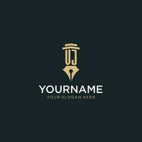 VJ monogram initial logo with fountain pen and pillar style vector