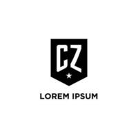 CZ monogram initial logo with geometric shield and star icon design style vector