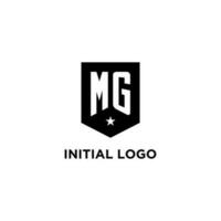 MG monogram initial logo with geometric shield and star icon design style vector