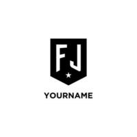 FJ monogram initial logo with geometric shield and star icon design style vector