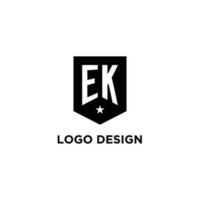 EK monogram initial logo with geometric shield and star icon design style vector