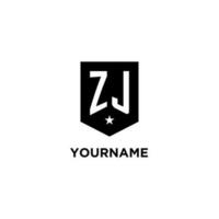 ZJ monogram initial logo with geometric shield and star icon design style vector