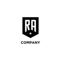 RA monogram initial logo with geometric shield and star icon design style vector