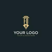 FO monogram initial logo with fountain pen and pillar style vector