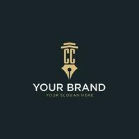 CC monogram initial logo with fountain pen and pillar style vector