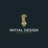 ML monogram initial logo with fountain pen and pillar style vector