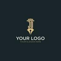 JO monogram initial logo with fountain pen and pillar style vector