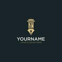 KW monogram initial logo with fountain pen and pillar style vector