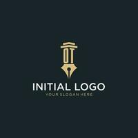 OT monogram initial logo with fountain pen and pillar style vector