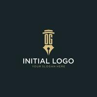 OG monogram initial logo with fountain pen and pillar style vector